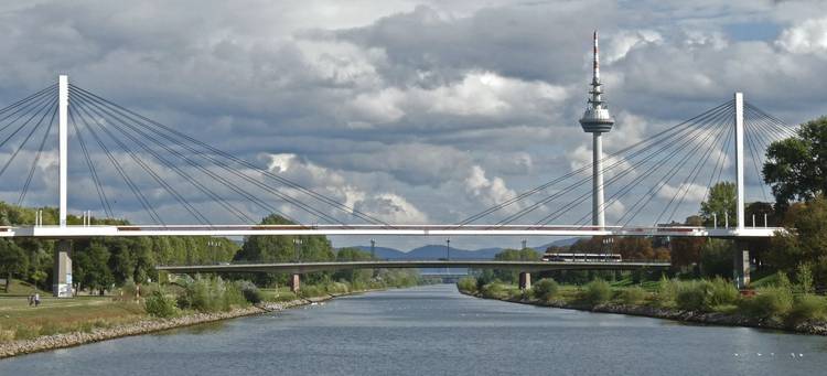 Blick auf den Neckar in Mannheim mit Collini-Steg und Fernmeldeturm